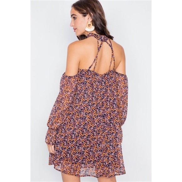 NAVY MUSTARD FLORAL PRINT SHEER MINI DRESS - Picture 2 of 5